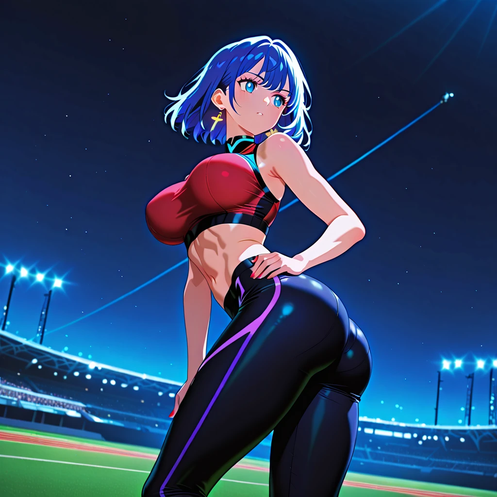 1 girl, (masterpiece), best quality, expressive eyes, perfect hybrid succubus girl face, long cyan and blue hair, magenta eyes, glasses, cheerleader costume, black crop top, short black skirt, black with white pom poms, demon tail, golden necklace with a black stone, perfect big round breasts, thick thighs,perfect bigger ass,school, court, stadium, shaking the pom poms while you can see her purple thong when she jumps cheering, nfsw
