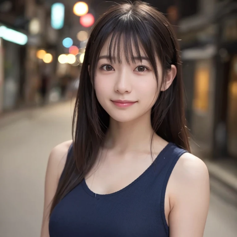 1 Girl, Tokyo Street,night, Streetscape,City lights,Upper Body,close,smile,, (8K, Raw photo, highest quality, masterpiece:1.2),(Realistic, photo-Realistic:1.37),