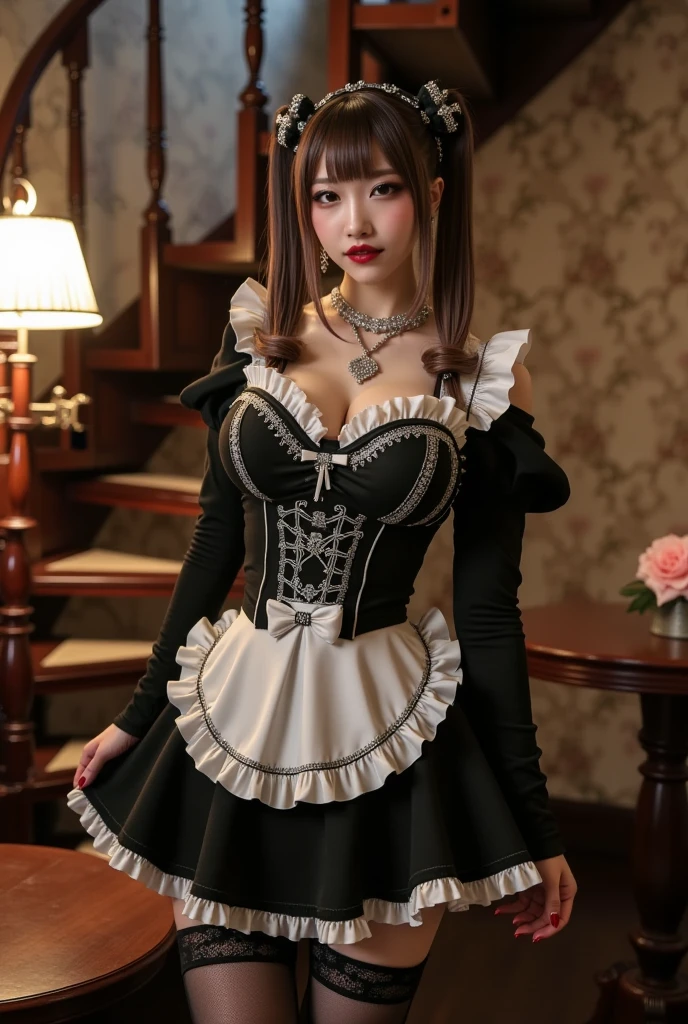 ((masterpiece, best quality, Highest image quality, high resolution, Reality, RAW photos, 8K)), ((Extremely detailed CG unified 8k wallpaper)), 75mm lens,close up,Bust,Overlooking,(Huge stunning goddess photo, Very hot and sexy, Stunning beauty, Perfect proportion, Beautiful Body, slim body beautiful:1.4), ((1 young woman, Detailed face and eyes, Pretty Face, Ponytail, Cute cat ears,Lace cat ears,Glowing skin, Realistic skin texture, Wearing a maid outfit, (((Large Breasts),Chest hollow,Cleavage)),Sitting at the table with legs spread, Put one leg on the chair, Coffee Shop,((猫耳Headdress,Lace cat ear girl,Cat ear headbands)),Dynamic poses, Long sleeve, Large Breasts, Big Ass)), ((Black maid outfit, Long sleeve, Long skirt, White apron, Headdress, High heel ))),