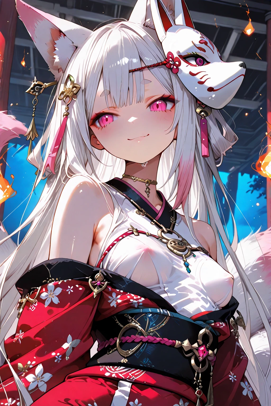 Prompt:

“A high-resolution image capturing the upper body of a figure wearing a traditional Japanese kimono, which is partially open to reveal intricate tattoos from the neck down to the chest. The figure is adorned with a Japanese Hannya mask, featuring sharp, red eyes and a hollow gaze, exuding an eerie and ghostly aura. They are sticking out their tongue, and two horns protrude from their head. The scene has a mystical, horror-themed atmosphere.”
