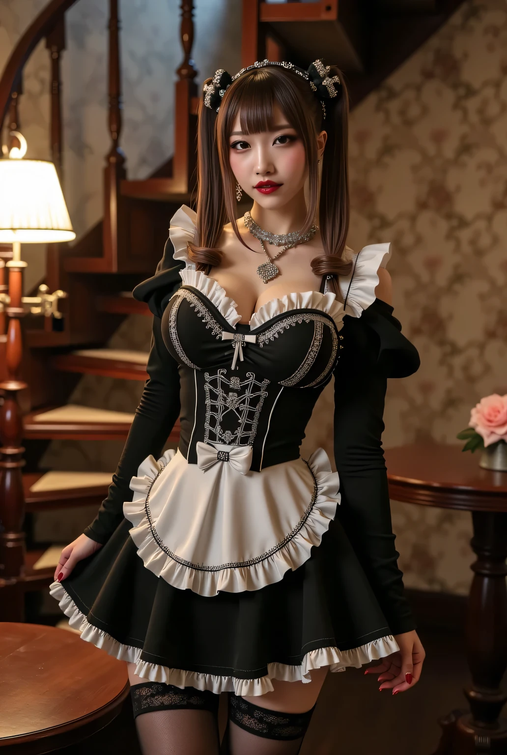 (((Elegant A-line maid uniform:1.3))). Thighs wearing pantyhose, circular skirt. Sexual atmosphere.
Dimly lit Western-style mansion late at night, Bewitching hall, bewitching space, seductive pose.
Super beautiful Japanese woman, makeup, light red lips, twin tails hair, detailed jewelry,
Glamorous body, huge breasts.
background is indirect lighting, ceiling light, detailed glowing spiral staircase.
Elaborate patterned wall.