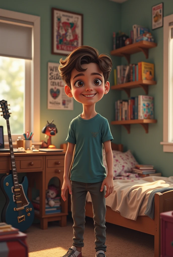 Teenager in blue t-shirt wakes up and is going to school 
