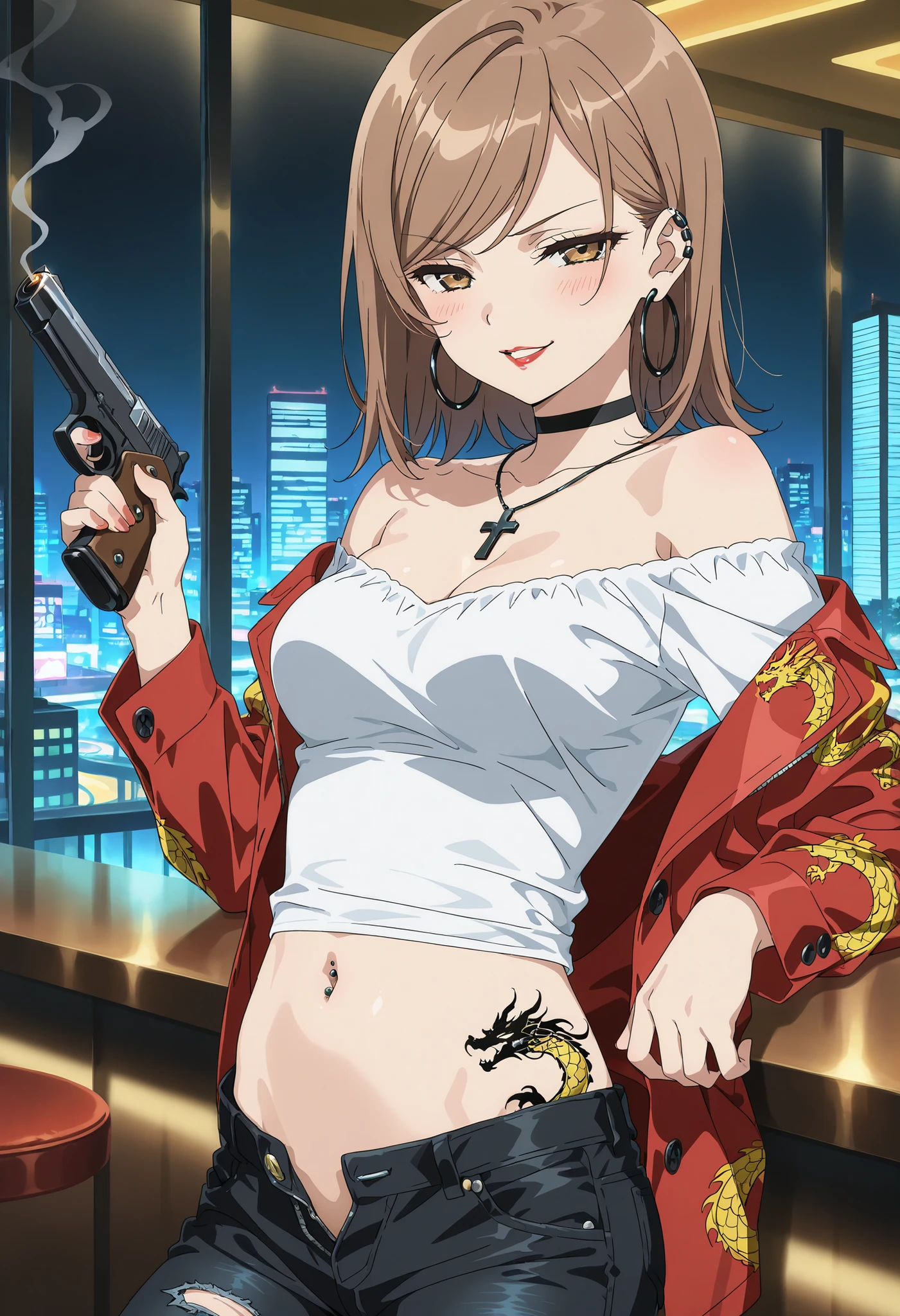 score_9, score_8_up, score_7_up, source_anime, 1girl, prefect lighting, very aesthetic, intricate details, highly detailed background, masterpiece, high quality, prefect hands, best quality, solo,
 KJODaia, brown hair, light brown eyes, short hair, swept bangs,  hoop earrings, 
white t-shirt, off-shoulder, black choker, navel, black shorts, bare shoulders,
, parted lips,
(Beautiful, medium Breasts:1.2), natural breasts, , ear piercing, long hair, blush, lipstick,Hot girl, baddie, smoking, sensual, attractive ,cross
necklace, bar background, inside bar, indoors, cityscape, casino, nightclub, city lights,,
pull_down jeans(show off panties,:1.2, no panties),masterpiece,high
quality,4k,belly,,holding pistol,cleavage, ,unbuttoned shirt, collared shirt, knot, smile, open
mouth, (nsfw) not safe for work, evil expression,belly, exposed navel, exposed midriff,
exposed lower belly,dragon print jacket, unbuttoned jeans , low rise black jeans, Low rise
jeans with open fly,navel piercing, medium breast ,looking at viewer , dragon tattoo on waist, narrowed eyes, tattoo on waist, anipai_style , anime screencap , anime coloring, v-shape eyebrows,,
