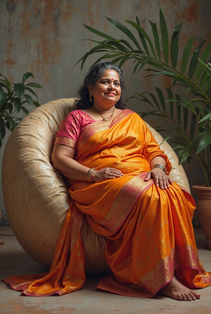 matronly Indian lady in orange and white leggings with big thighs sitting on a chair.
Camera from a very low angle.
Boobs visible-green top wear.
Generate diversified pose photos.
Even the specs are also with watch and chalk.
Weight around 65