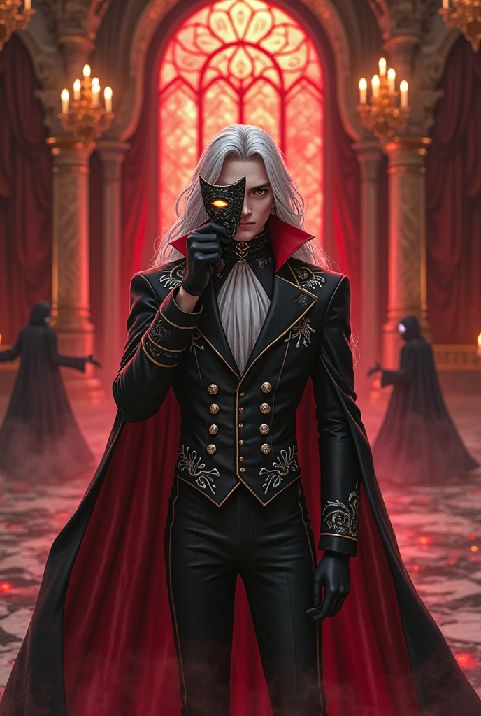 "Alucard from Castlevania, standing alone in a grand gothic masquerade ballroom lit by flickering chandeliers and blood-red moonlight streaming through stained glass windows. He wears an aristocratic black and gold brocade suit with a high collar, silver embroidery, and a deep crimson cape flowing behind him. A dark silver masquerade mask partially hides his pale, flawless face — but his golden eyes glow faintly  it, cold and hypnotic. His long platinum hair cascades past his shoulders, softly swaying with his movement. The setting is ornate and haunting — marble floors reflecting candlelight, red velvet drapes, and shadowy figures dancing in the distance, blurred like ghosts. He slowly removes his mask with gloved fingers, revealing a melancholic expression, sharp cheekbones, and subtle vampire fangs. A faint blood-red aura begins to rise from the floor around him, mist swirling at his feet. Cinematic slow pan, gothic fantasy style, ultra-realistic anime render, moody lighting, ethereal atmosphere, 4K detail."

Dramatic camera movement:
"camera slowly rotates around Alucard as he lifts his mask, slow zoom on golden eyes"







