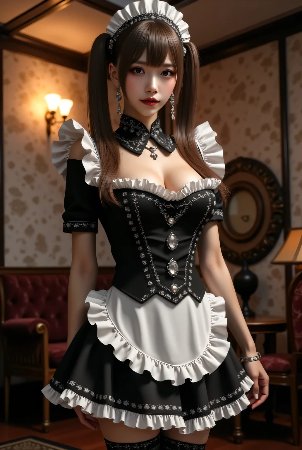 (((Elegant A-line maid uniform:1.3))). Thighs wearing pantyhose, circular skirt. Sexual atmosphere.
Dimly lit Western-style mansion late at night, Bewitching hall, bewitching space, seductive pose.
Super beautiful Japanese woman, makeup, light red lips, twin tails hair, detailed jewelry,
Glamorous body, huge breasts.
background is indirect lighting, ceiling light, detailed glowing spiral staircase.
Elaborate patterned wall.