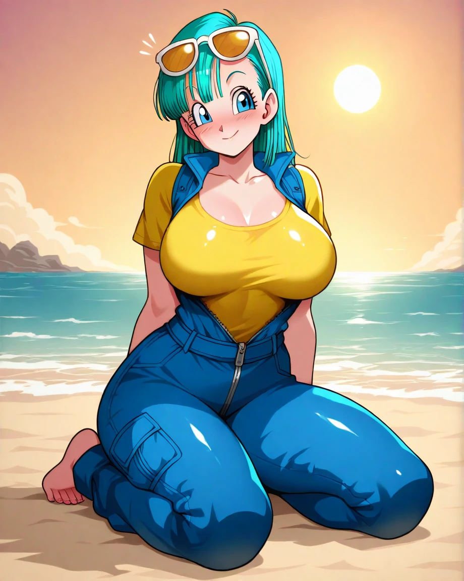 primer plano del retrato solitario (buruma_brief_older Buruma_DBZ_Buu)1.4, (escote large_breasts, dressed as a member of the RR army), de pie, vista frontal, (piel alta y detallada: 1.2)(pupilas realistas, iris realista: 1), 8k, aqua_hair, sonriendo