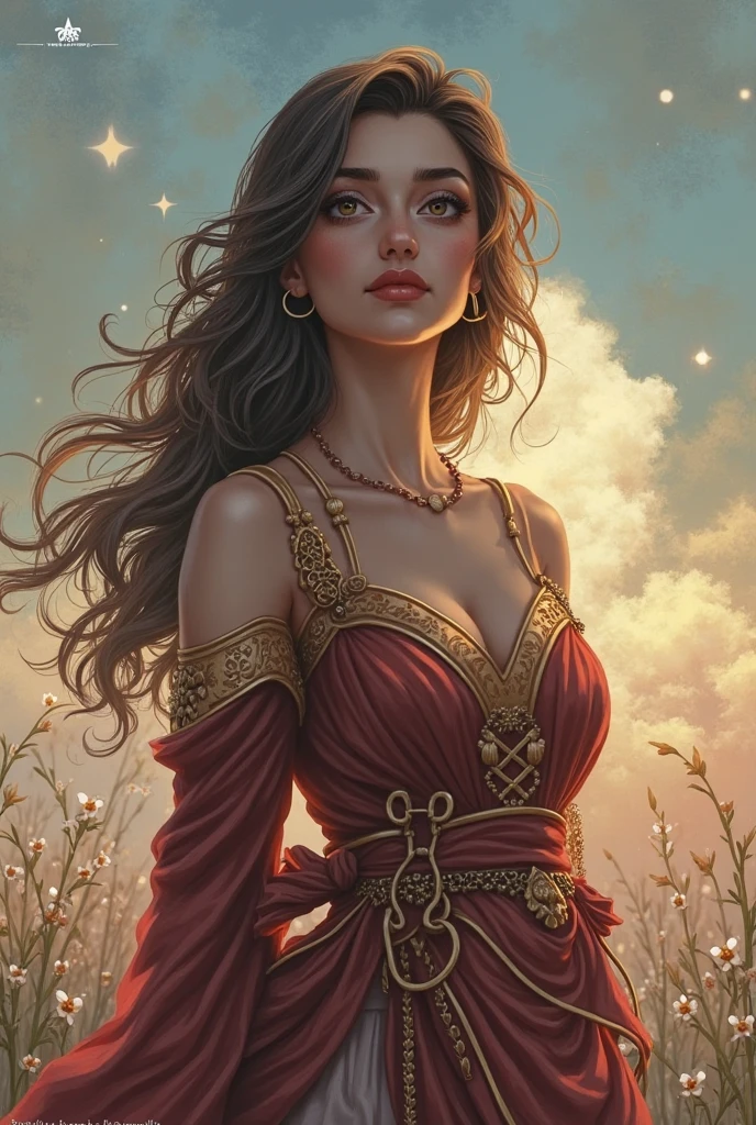 (absurderes, high resolution, ultra detaild), 1 girl, Zodiac sign - Goddess of Aries , standing alone, mellow, Baroque, long robe, longsleeve, chic, colorfully, More Detailed, trunk , sunset hair . fiery eyes . Coraggioso, intentional, productive, Enterprising Humanitarian Face .