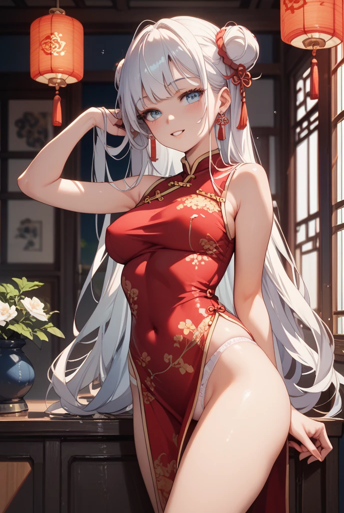 unparalleled masterpiece, ultra realistic 8k CG, perfect artwork, ((perfect female figure)), white hair, red eyes, mature female, milf, narrow waist, chinese deity, looking at viewer, seductive posture, sexy pose, alluring, clean, beautiful face, pure face, pale skin, absurdly long hair, shiny skin, skindentation,delicate pattern, intricate detail, (rich:1.4), (extremely detailed 8K chinese long embroidery silkrobe and silk long clothes and dress:1.2),slim body