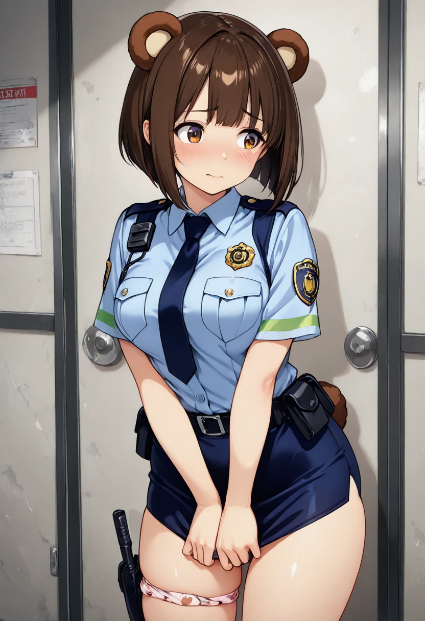 (Perfect body),Best Quality,(8K Portrait),(anime screen cap)、((Police Woman)),blush,Sweat,((large udder))、(Dark hair),((bob cuts))、Yellow eyes,(((thick thighs))),((Navy blue micro bikini))、((A smile))、showing teeth、one eye closed、(((Chibi)))、Squatting、Spread lego underneath