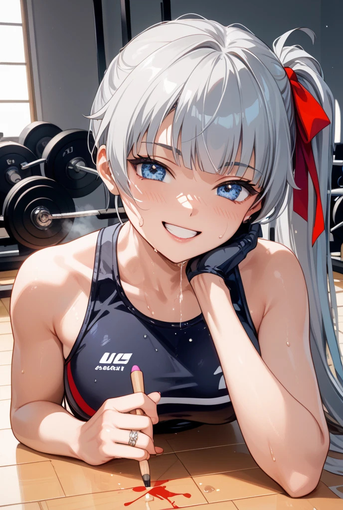 (masterpiece)), (highest quality), (detailed), (1 girl), Moderate,sports gym, look at the beholder,sweaty, open your mouth and stick out your tongue, close to camera,clothes with open chest,big breasts,crawl on all fours