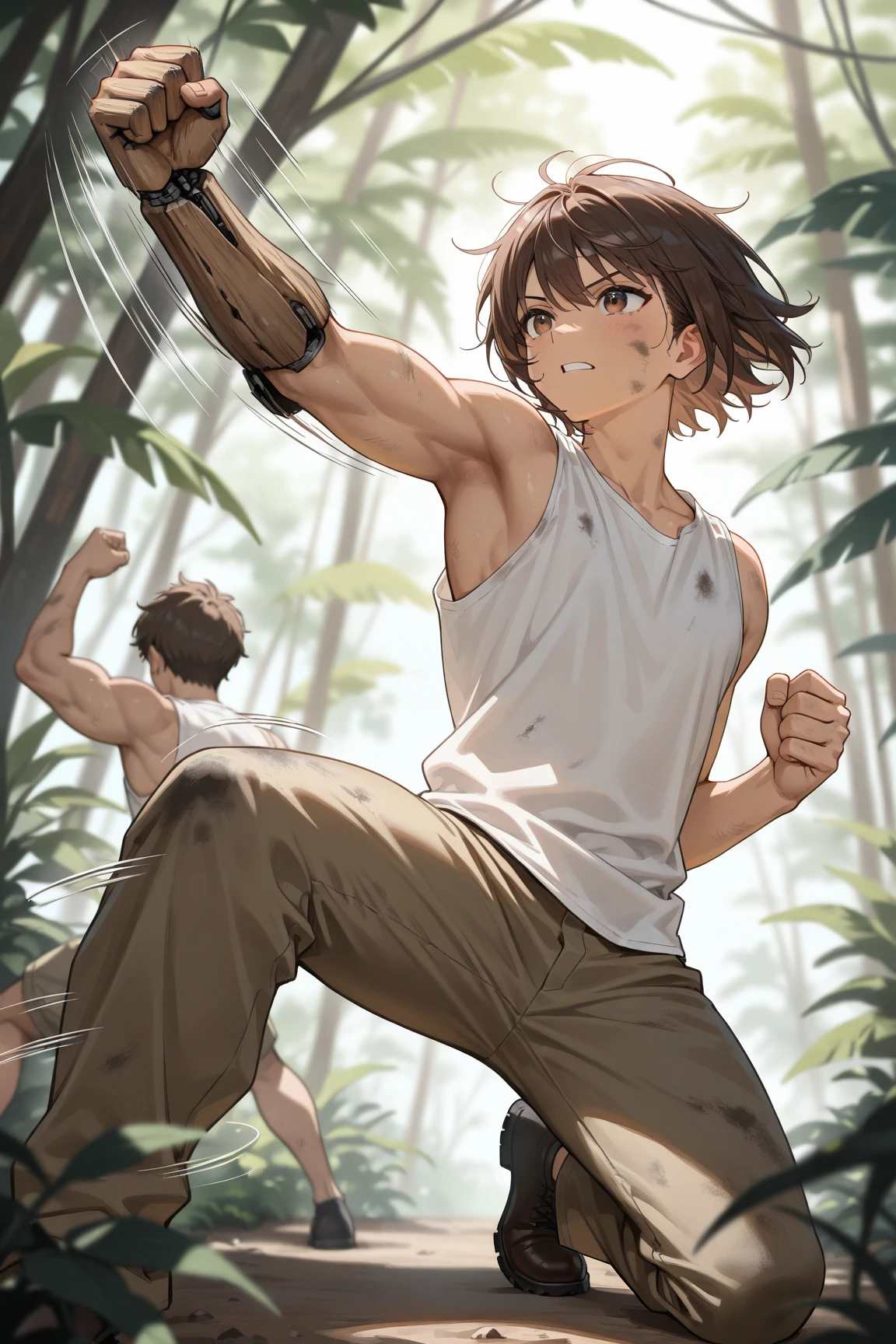 ((1 menino, brown hair, brown pants, sem camisa)),(( a bracelet on the arms, bionic left arms)), uma mochila nos ombros, com uma bota, com um cinto com uma espada)),((Muscle)),(( olhos amarelos, cara feliz)),((attacking a user, killing a user in a river in the haunted forest at night)),