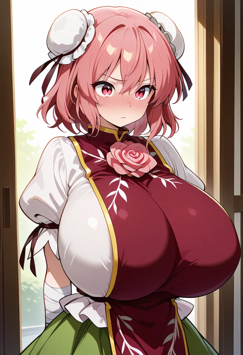 houshou marine,1girl,solo,Only the right eye is yellow,Females in heat,blush,Super huge breasts,looking at viewer,Taken from the viewpoint above,upturned eyes,near,standing up,wooden cabin