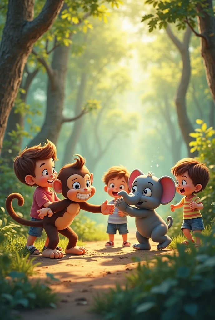 “The three friends help a baby monkey find its way back to its mother in the jungle, with the baby monkey hugging its mother happily while the children look on, smiling.”