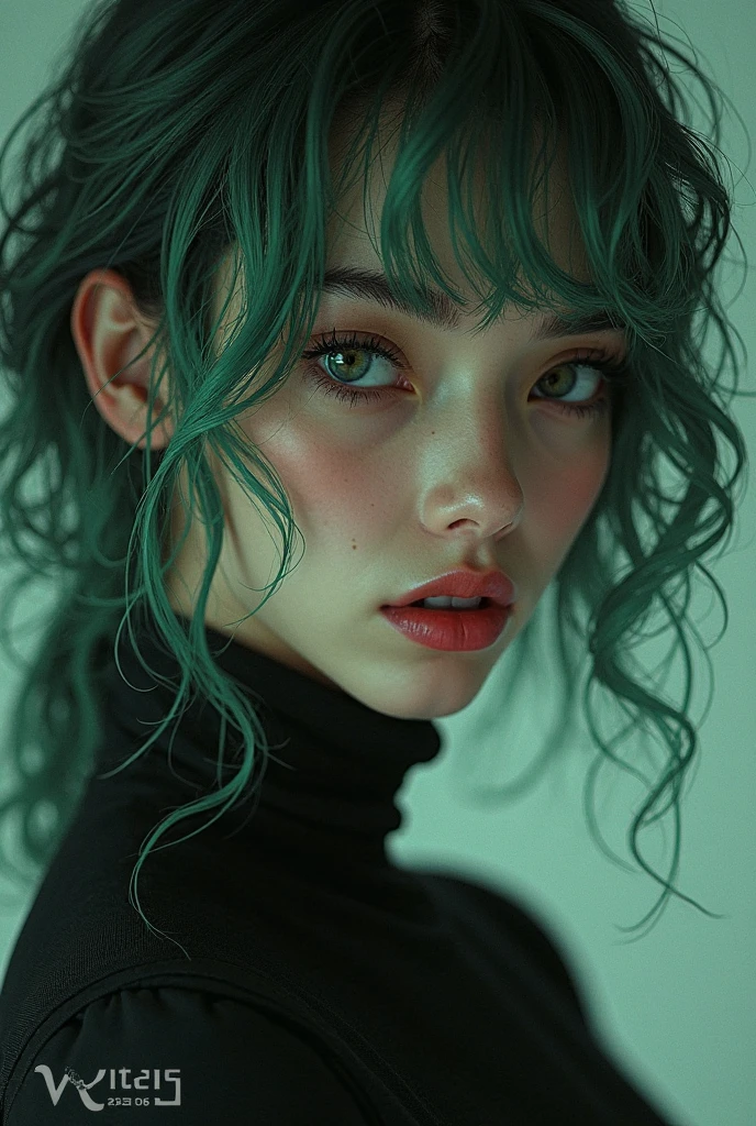 Tall brunette girl, green hair and white highlights with bangs, with skimpy slut clothes