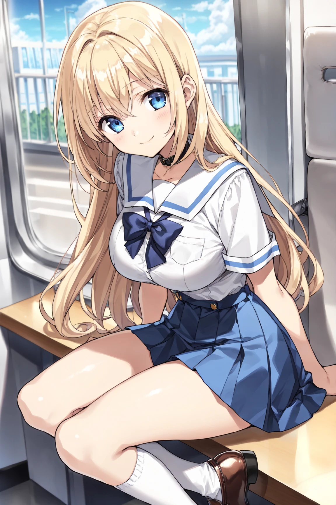 highest quality,wonderful,finely,Very detailedな CG ユニティ 8k 壁紙、(Several salarymen are sitting on the train:1.3),Station platform、whole body, (Sailor suit), (See-through underwear:1.3),(Butt crack:1.2),(Black Stockings:1.1),(Thighs:1.2),(Hip close-up shot:1.2),(Raise your leg 1.5)、(Open your ass yourself) (highest quality:1.2, Anime artwork, Very detailed, High detail, digital coloring, High Contrast, masterpiece:1.2, highest quality, Best aesthetics), (((kitagawa marin, 1 girl))), Blonde Hair, Straight Long Hair, Pink gradient hair, Red eyes, Earrings, White shirt, Black choker, Blue tie, Check skirt, Wet vagina、Semen overflowing from the vagina、