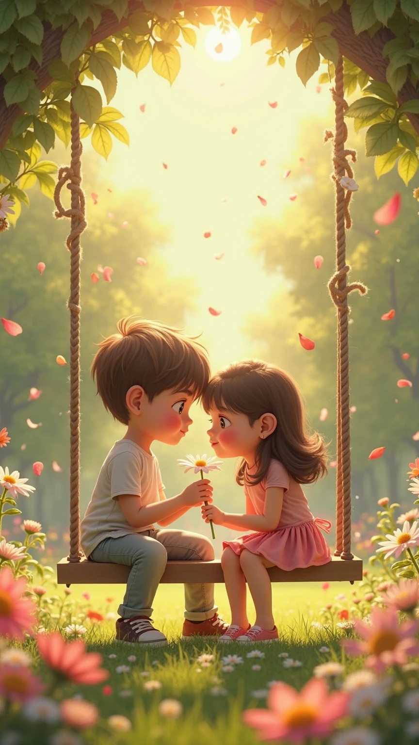photorealism:1.2), beautiful Generte in cinematic 3d cartoon style in the An image of a boy and a girl sitting among the followers of a large rose