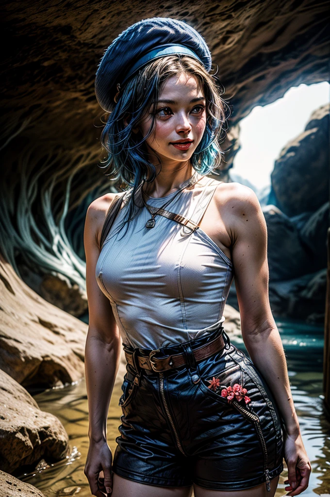 (1girl), A stunning and intricate full color portrait in Ultra-HD, detailed face, short blue hair, blue eyes, wearing black tank top, sharp focus, lighting natural, subsurface dispersion, f2, 35mm, sitting on wooden chair, in Forrest, smiling, big breasts,