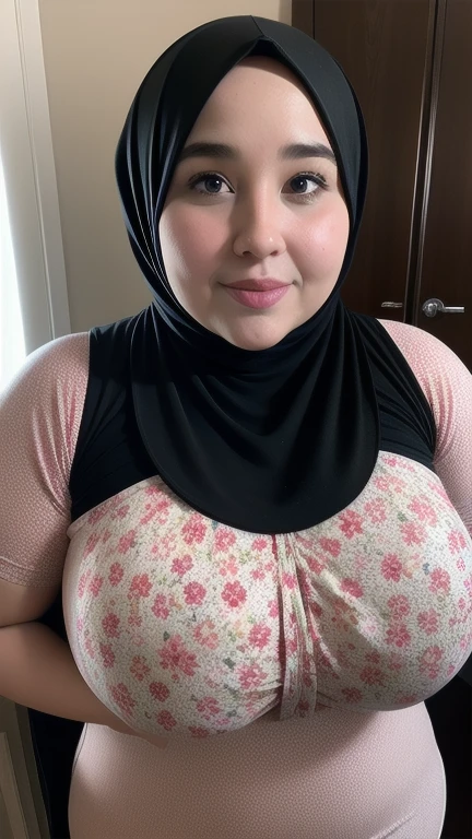 Half body portrait of a 33 years old malay woman sit in front of giant mirror, wearing hijab, wearing yellow mustard leotard with satin green slack, narrow waist, indoor shot, looking up at coffee shop sign, soft lighting, smirk face, circle bokeh , big breast, catwalk, morningtime, surrounded by a comfortable, cool atmosphere, looking at the viewer. (Skin details:1.3), hairy hands, Hijab, slim, red lips, seductive with bokeh camera background