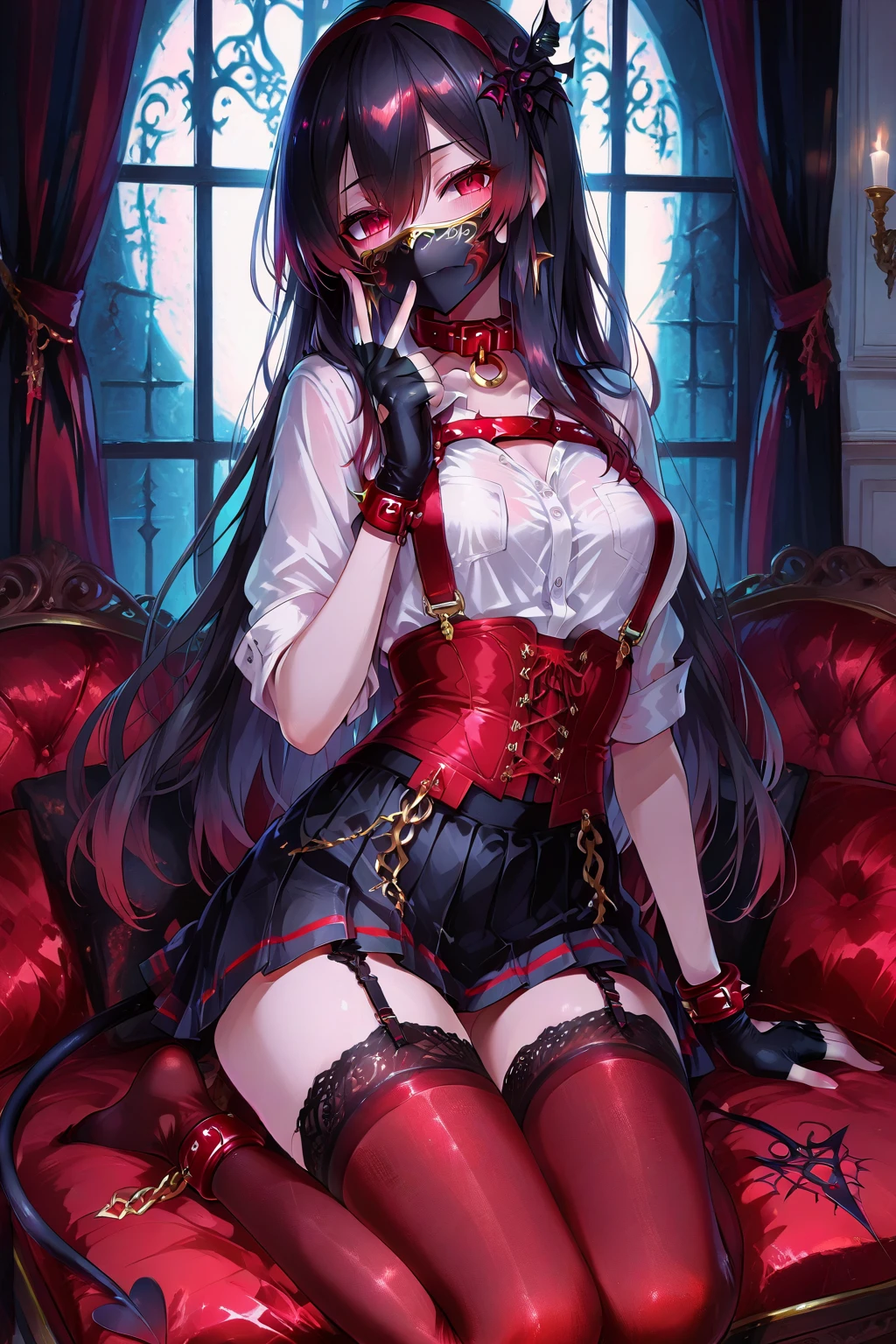 8k, highres, ultra detailed, (masterpiece:1.4),, 1girl , ass visible through thighs , black garter straps , black gloves , black hair , black thighhighs , blue eyes , cameltoe , cleavage , closed mouth , corset , cross , detached collar , fingerless gloves , groin , hair bow , hand on own hip , light frown , lingerie , long hair , medium breasts , navel , panties over garter belt , petals , red corset , red flower , red nails , red panties , simple background , skindentation , solo , thigh gap , thighs , two side up , underwear , v-shaped eyebrows , very long hair , white bow ,rin tohsaka (fate)