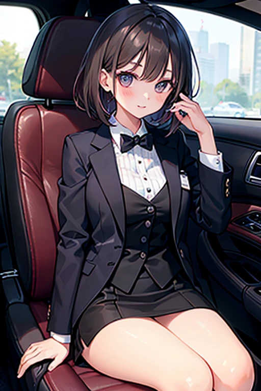 a woman sitting in a car holding a steering wheel, a stock photo by Lü Ji, featured on cg society, aestheticism, feminine, stylish, stock photo