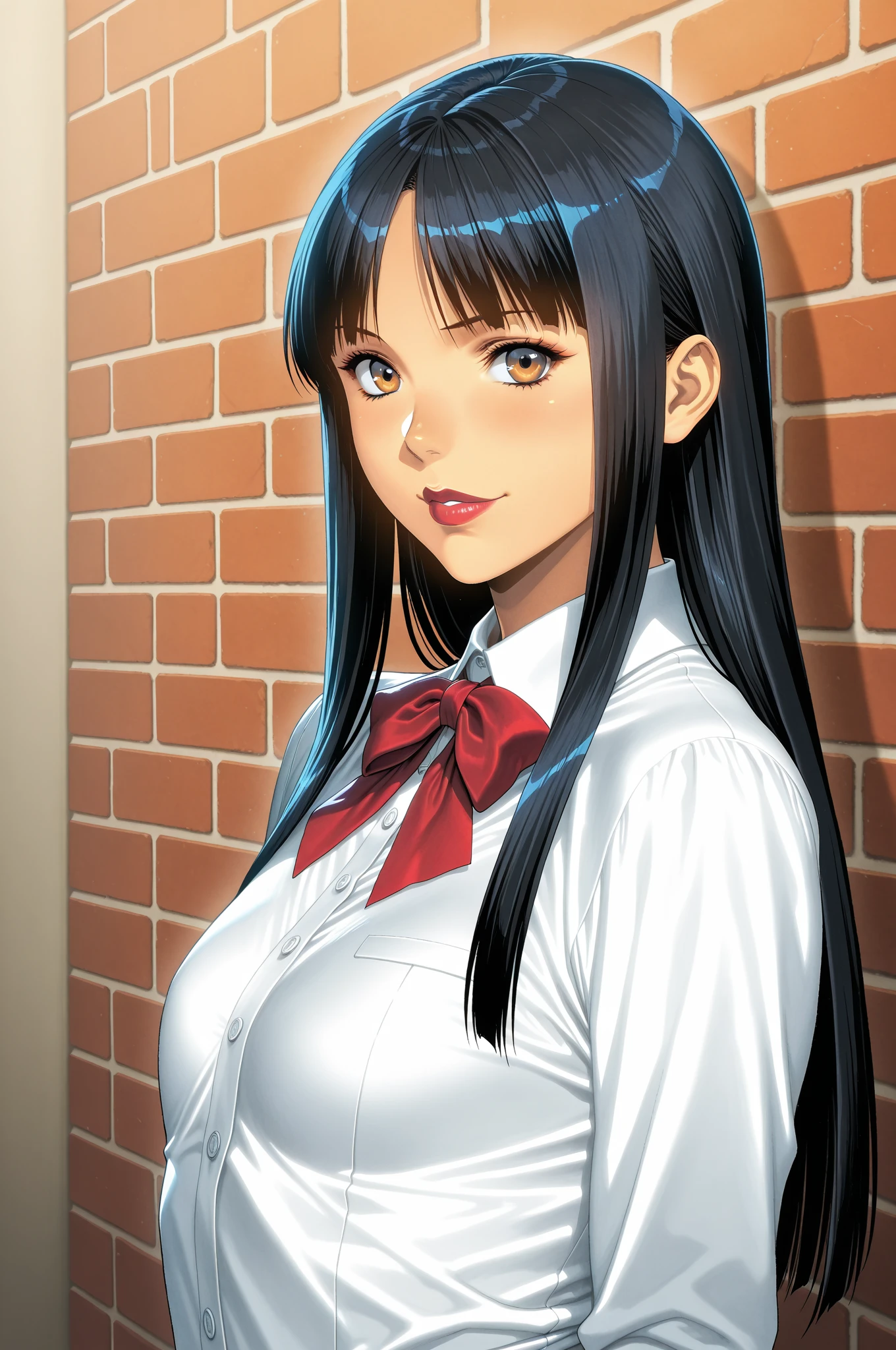 masterpiece, best quality, highres, best quality, highres, Nico Robin, 1girl, long hair, school uniform, black hair, ahoge, blue eyes, large breasts, very long hair, breasts,
