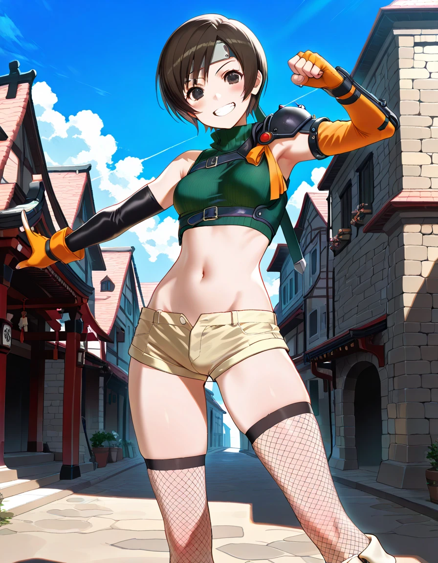 Cute girl, prison angel, short brown hair, brown eyes, smile, big tits, exposed belly, shorts