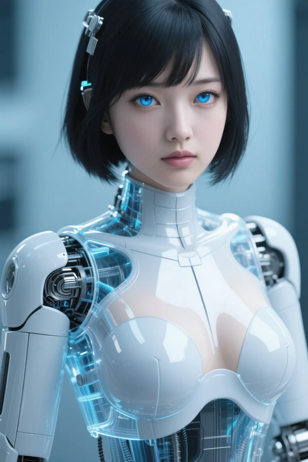 (Highest quality, High resolution, masterpiece:1.2), Very detailed, Realistic:1.37, (Perfect Anatomy),1 Girl,Woman close up, Cute and perfectly beautiful Japanese idols, 18-year-old female high school student,Super cute face,(Converted into an evil cyborg weapon:1.2),, (blue led eyes:1.2), (Futuristic shiny skin-tight clear acrylic cyborg suit:1.4),(Detailed electronic circuits inside the body are visible:1.4),Slender body,Bangles, Wires and cables connected to the head, cybernetics, cyber punk, Intricate decorative details,(Wicked Makeup:1.1) ,(background: Cyborg operating room with advanced digital equipment and monitor screens:1.3)..