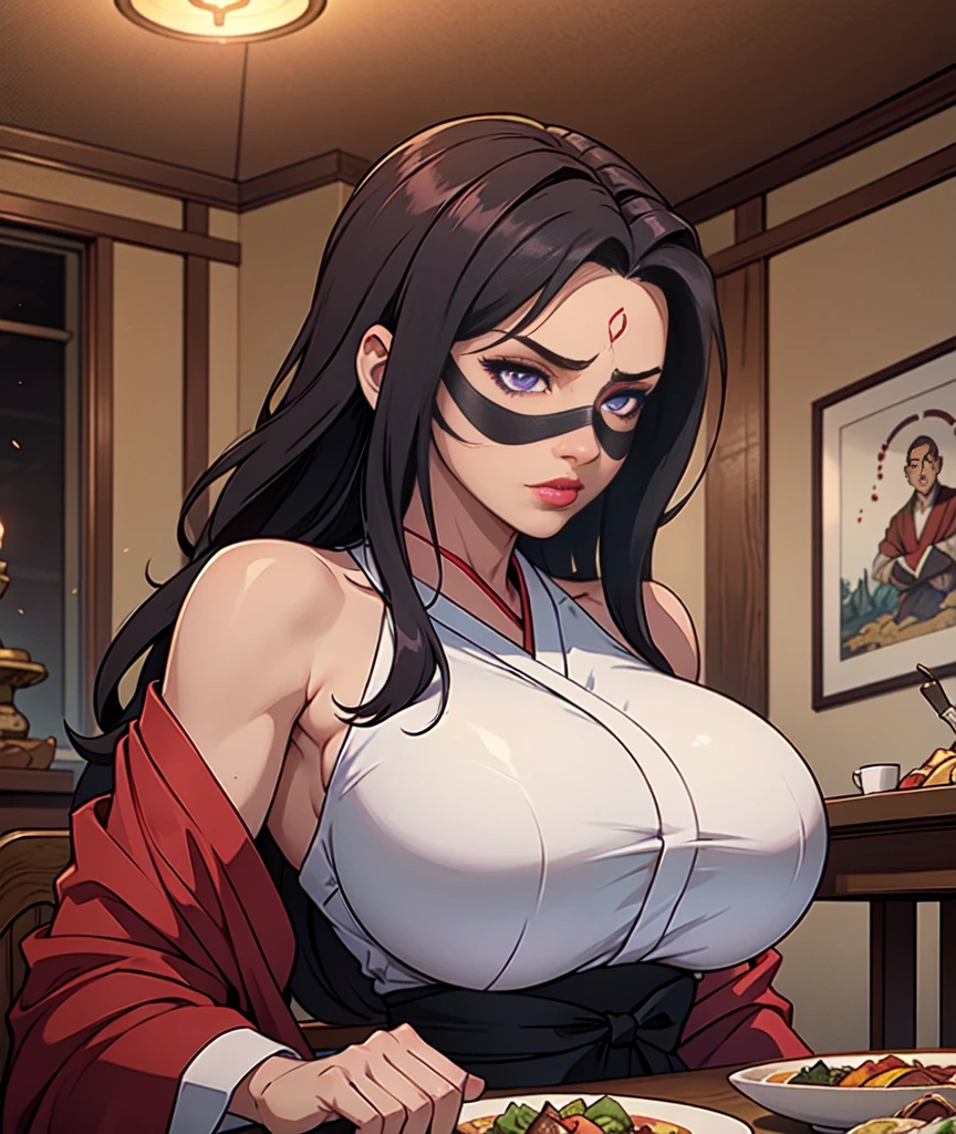 masterpiece, best quality, high detail, UHD, textured skin, cinematic, 1girl, mortal kombat ninja, brown skin, chubby, thick body, large waist, (hanging breasts: 1.6), impressive lighting