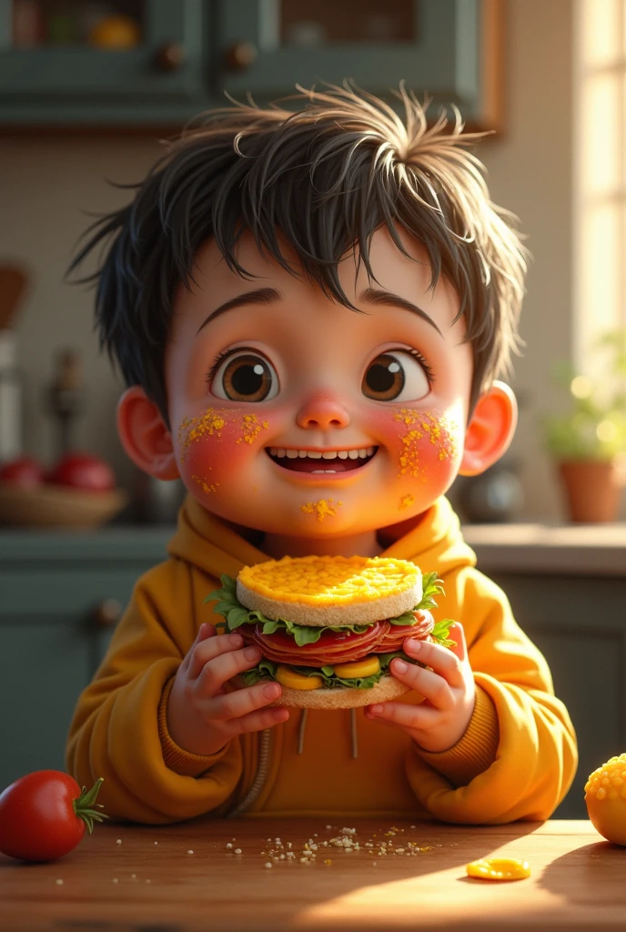 Realistic image of a child eating meat