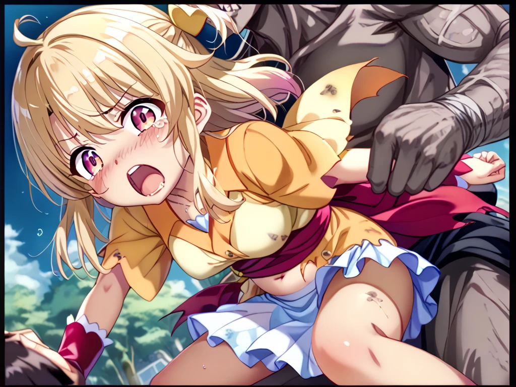 Anime painting,In the woods at a night festival, a blonde girl with twin tails wearing a pink floral yukata is picked up by a man and raped with a creampie,Highest quality,masterpiece,(((1man and 1girl,having sex))),A young and  10-year-old girl is violently raped and cums inside her, crying and screaming.,Obvious flat chest,Visible genitalia,Tears flowing,Her clothes are in disarray and her breasts are visible,A young girl spreads her legs wide in an M-shape
