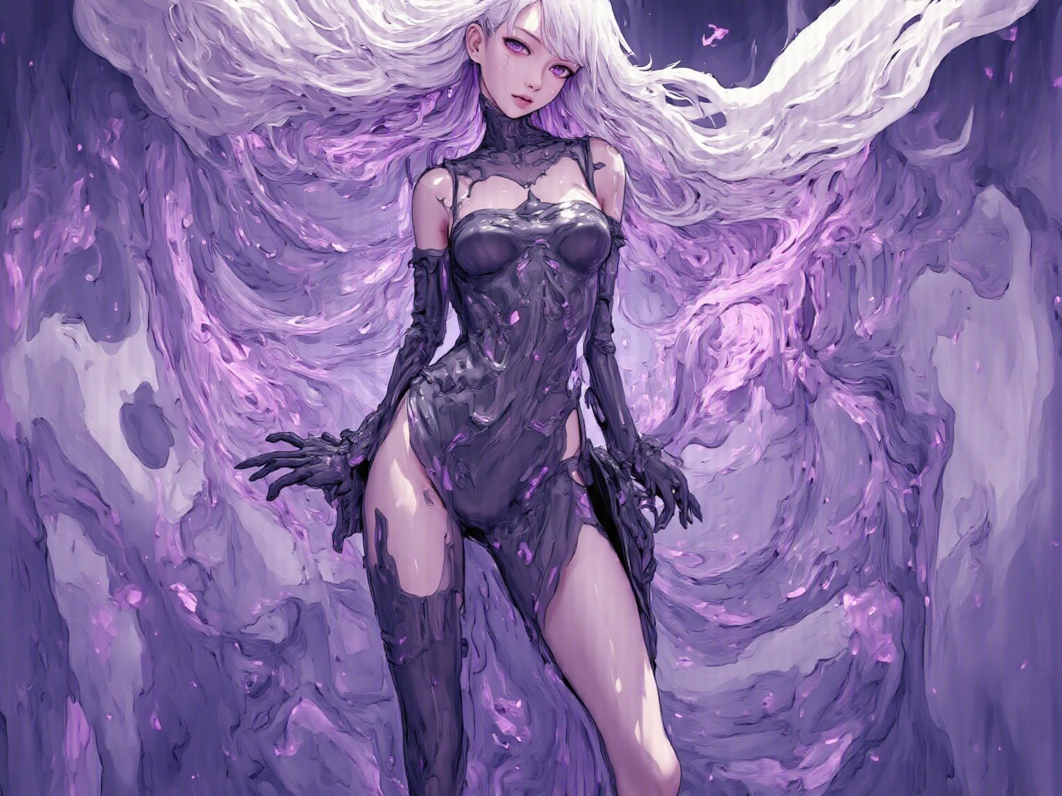 ((ultra quality)), ((masterpiece)), ((Angelic beauty woman)), ((long white curly hair)), ((White hair)), ((fluffy white hair)), ((curly hair)), (beautiful face), (beautiful thick lips), Enchanting ((Calm facial expression)), looks at the camera with a slight smile, (White skin color), (White skin), glow on the body, ((detailed eyes)), ((Next to a huge black dragon)), ((violet eyes)), (juicy female lips), (dark eyeliner), (beautiful female hands), ((thick body)), ideal female body, ((black combat suit)), beautiful waist, beautiful big hips, big breasts, thick thighs, ((threatening and beautiful)) (), ((depth of field)), ((high quality clear image)), (delete details), ((High detail)), ((clear focus))