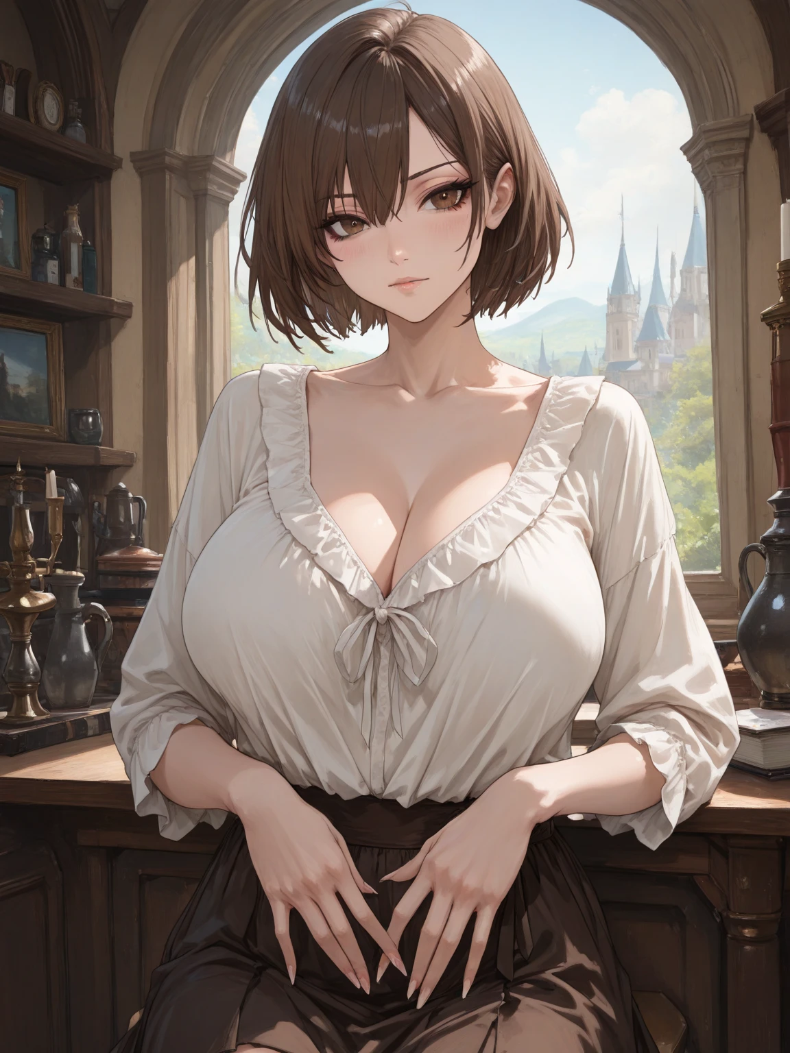 (best quality:1.3), (masterpiece:1.1), (illustration:1.2), (ultra-detailed:1.2), beautiful detailed eyes, beautiful detailed girl, (1girl), (short hair:1.1), brown hair, fluffy hair, (headband:1.4), backlighting, (milf:1.1), huge breast, sweater off shoulder, cleavage, short pants, seductive, cheerful expression, grin, modern bookstore, black eyes, bookshelf, manga, gold chain necklace