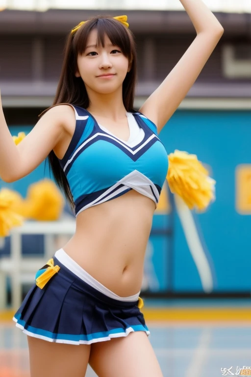 realistic,ultra high definition,HDR,4K resolution,masterpiece,best quality,ultra-detailed,illustration,depth of field,lens flare,dutch angle,{{{distinct}}},girl,outdoor,cheerleader,underboobs,{{skirt}},wet clothes,black hair,short hair,low ponytail,straight hair,{{{{{{tareme}}}}}},big breasts,slender,{{{{{sweaty}}}}},{{{smelly}}},{{smile}},:D,{{{nsfw}}},squatting,cheerleading,mosaic on pussy