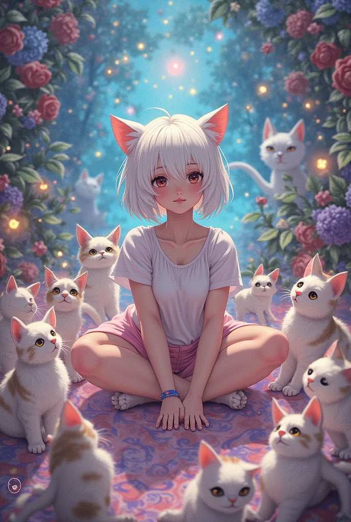 masterpiece, high quality portrait, 16 thousand., fluffy,loner,(Blue eyes, White hair,White hands,White legs:1.2),white students,lab coat,fox, cub, ,skin_fang, Double link, warm light, sitting on their knees,Laboratory, Full Snapshot,author:Sumi Kuroi, to her,Kyosan