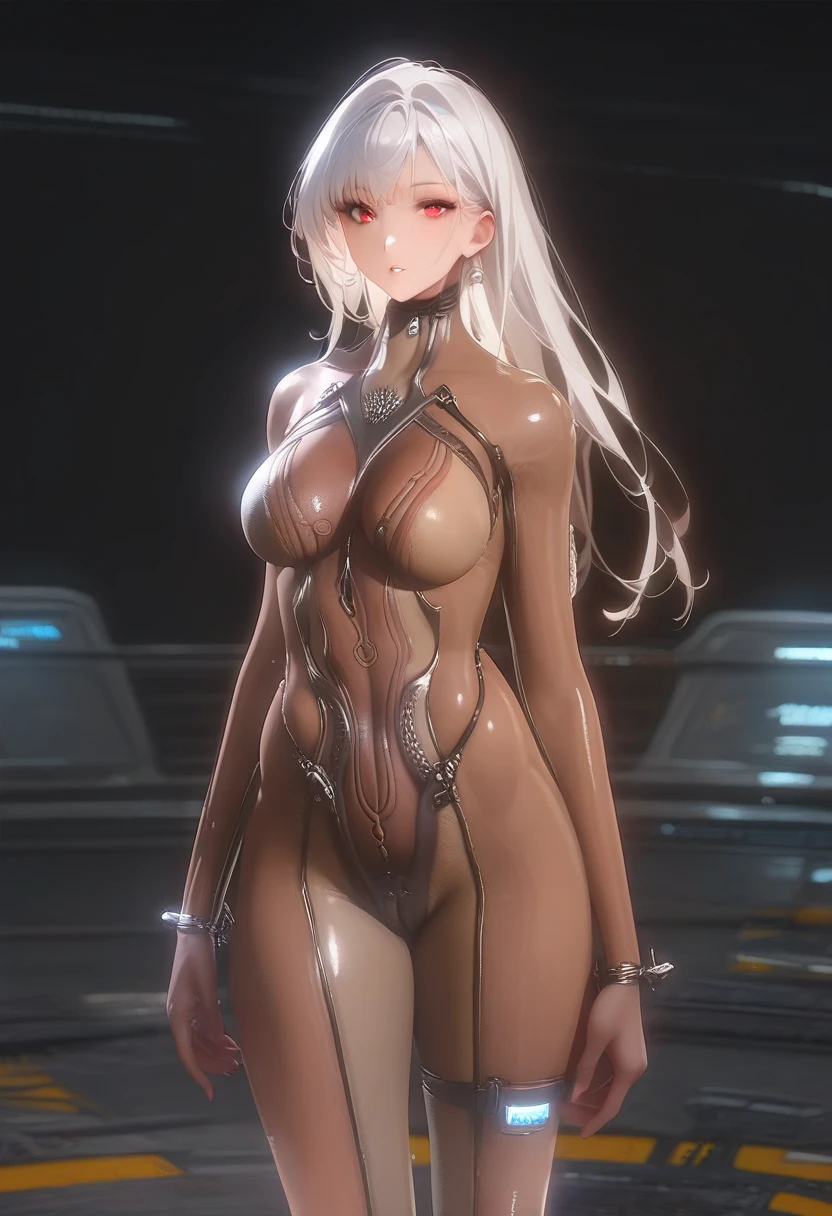 ((((masterpiece, best quality, high resolution)))), (1girl:1.5), ((long silky hair, silver hair, yellow eyes, earrings, choker)), (medium breasts:1.2), blush, light smile, parted lips, glow, thighs, bare shoulders, collarbone, narrow waist, (slender body figure), cleavage, (beautiful detailed face, beautiful detailed eyes), ((naked)), ((standing up)), looking at viewer, nighttime