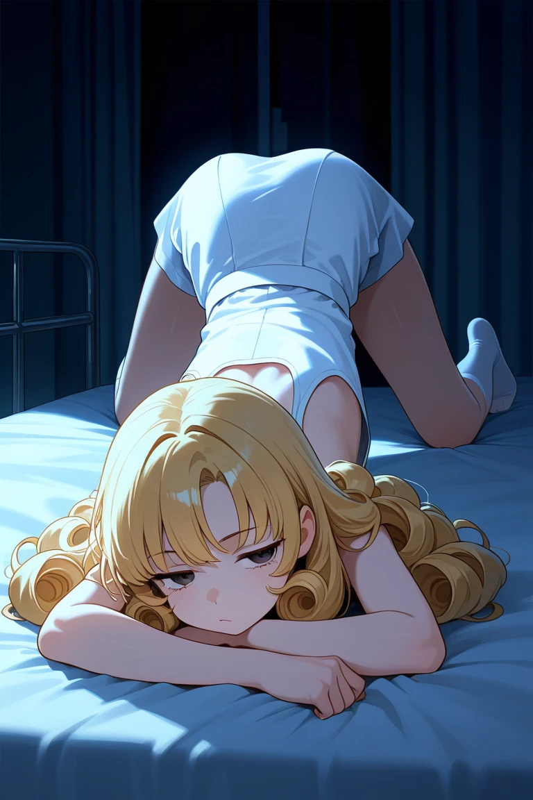 1 girl, character focus ,from side, cinematic angle, (cowboy shot), (Faintly emerge from the darkness),  cinematic lighting,(sleeping on underground ), face down , blonde long hair, white dress , high resolution,(incredibly absurdres), anime visual,ultra detailed CG unity 8k wallpaper, ((masterpiece)), ((top-quality)), (beautiful illustration), ((an extremely delicate and beautiful))