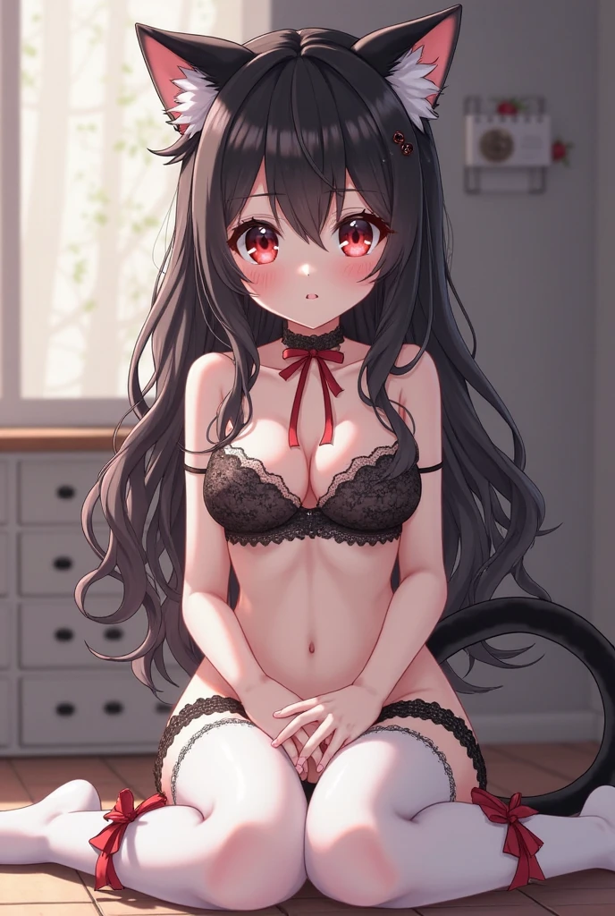 long black hair,Cat-eared girl,red eyes,estrus,