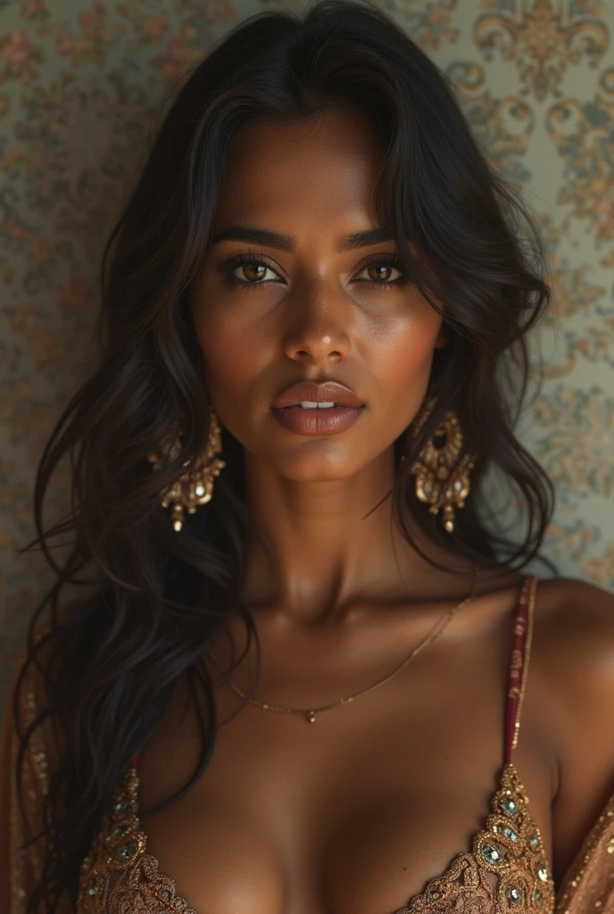 Thorough, analog style, eye focus, highest quality, (highly detailed skin), photo of a
african girl, vitiligo skin, brunette hair, green eyes, parted lips, lip gloss, medium breasts, silk intricate red robes, cleavage, bedroom, blurred background, detailed eyes, warm volumetric lighting,
skin pores, sharp focus, dappled lighting, (backlighting:0.7), film grain, photographed on a Sony A7R IV, 18mm F/1.7 cine lens, (highly detailed, intricately detailed), 8k, HDR, seductively posing, front view, (uppper body:1.15)
