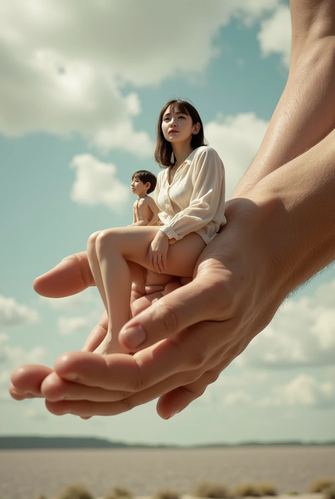 Create a photo of a 30 year old young woman, with a slender and beautiful body, completely naked, with white and clear skin, with long light brown hair and has her back to the camera as she is lifted high into the air by an obese black 90 year old lady, dark black skinned, who has short hair, who wears glasses and a blue dress