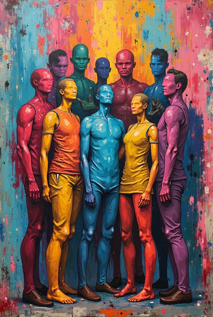 Two teenage boys each have a skin-tight shiny latex suit on. Both are wearing Nike Jordan 1 sneakers and are laughing at each other. Above all, both have styled hair.