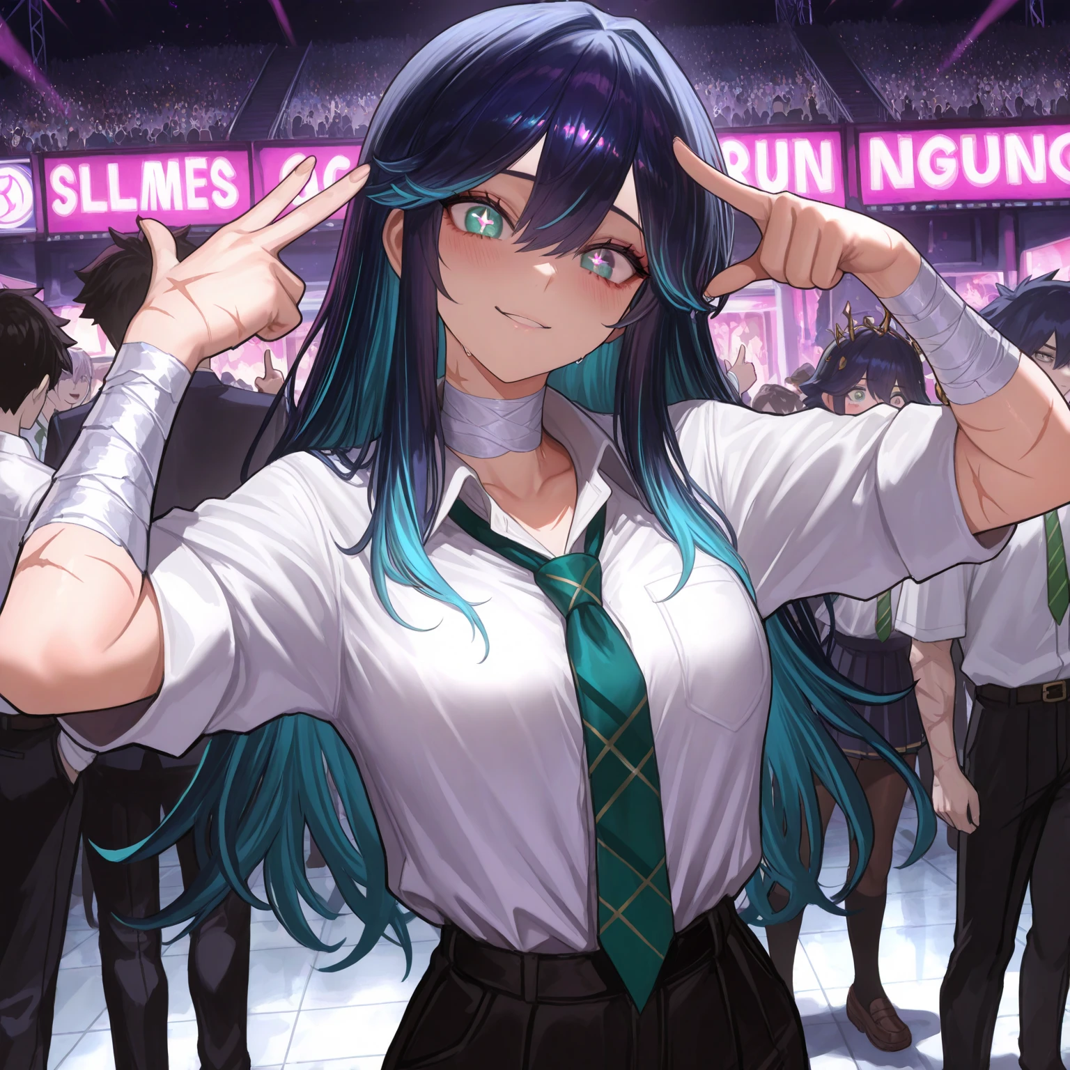 (masterpiece:1.37), best quality, (extremely detailed:1.37), woman, mature, adult, large breasts, very long hair, (straight hair:1.5), dark purple hair, purple eyes, (extremely detailed eyes:1.37), business suit, necktie, (long pencil skirt:1.5), pantyhose, desperation, (wetting self:3.0), standing, embarrassed, humiliation, blushing, angry, city, futuristic, neon lighting, high-tech, street