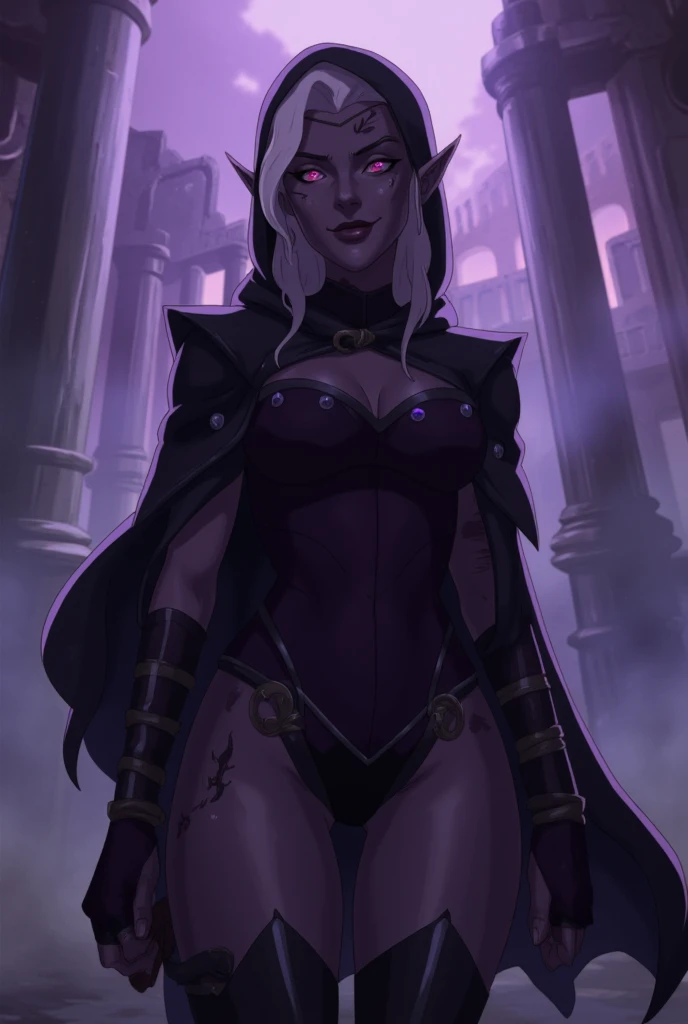 Beautiful female drow, rosto bonito, Evil countenance nice body, olhos vermelos, cabelo prateado, vestindo armadura, capa , 8k, extremamente detalhado, ultra realista