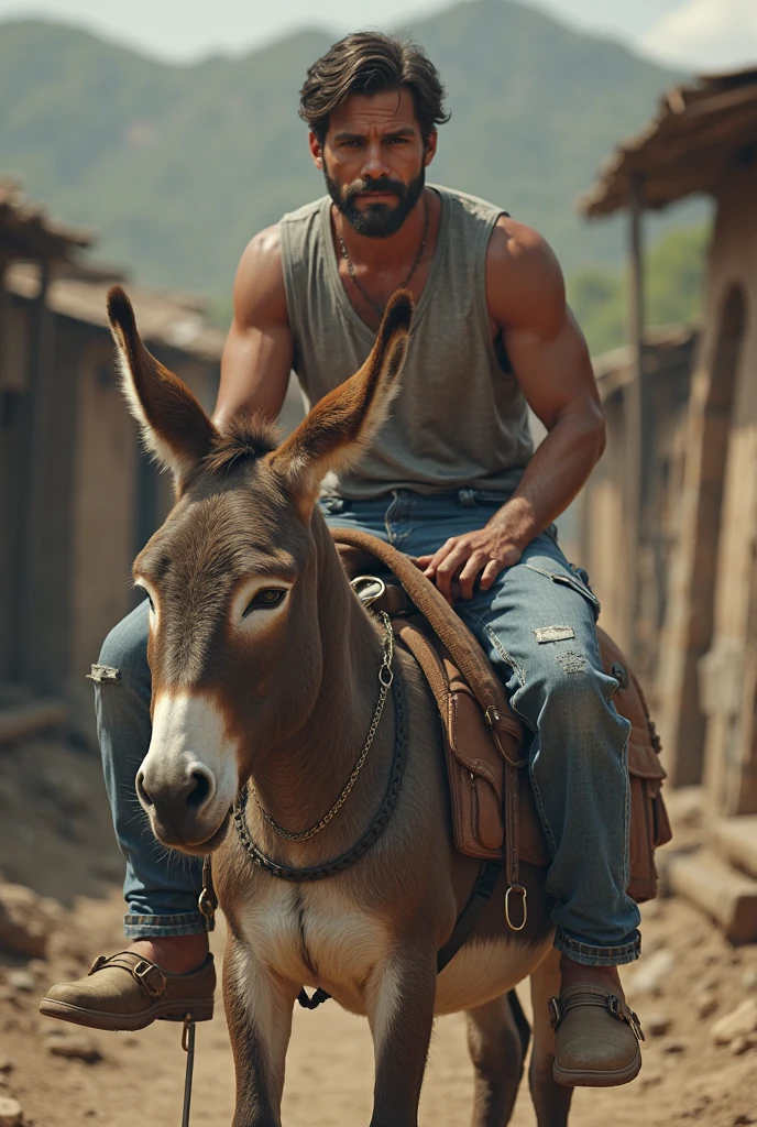 Stranded man with donkey carrying gallons