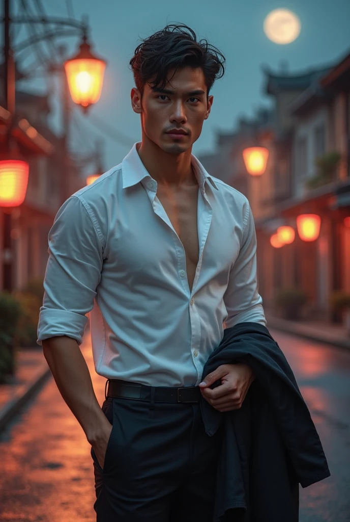 Realism, master-piece, intricate detailed, detailed background, deep depth of field, muscular, Photograph of a handsome young man (A young Korean man who looks like a K-pop idol), 20yo, rubber collar shirt, Shiny latex, Combat stances, Dynamic Poses, Andante, Spanish, Full-length portraits, Black Boots, Hold a bow., There is an arrow on the back., On the streets of the medieval city, (short white hair), It has a touch of mystery and magic., Dark clouds, and lightning fell to the ground. Pao complains, Fair-skinned, pale,