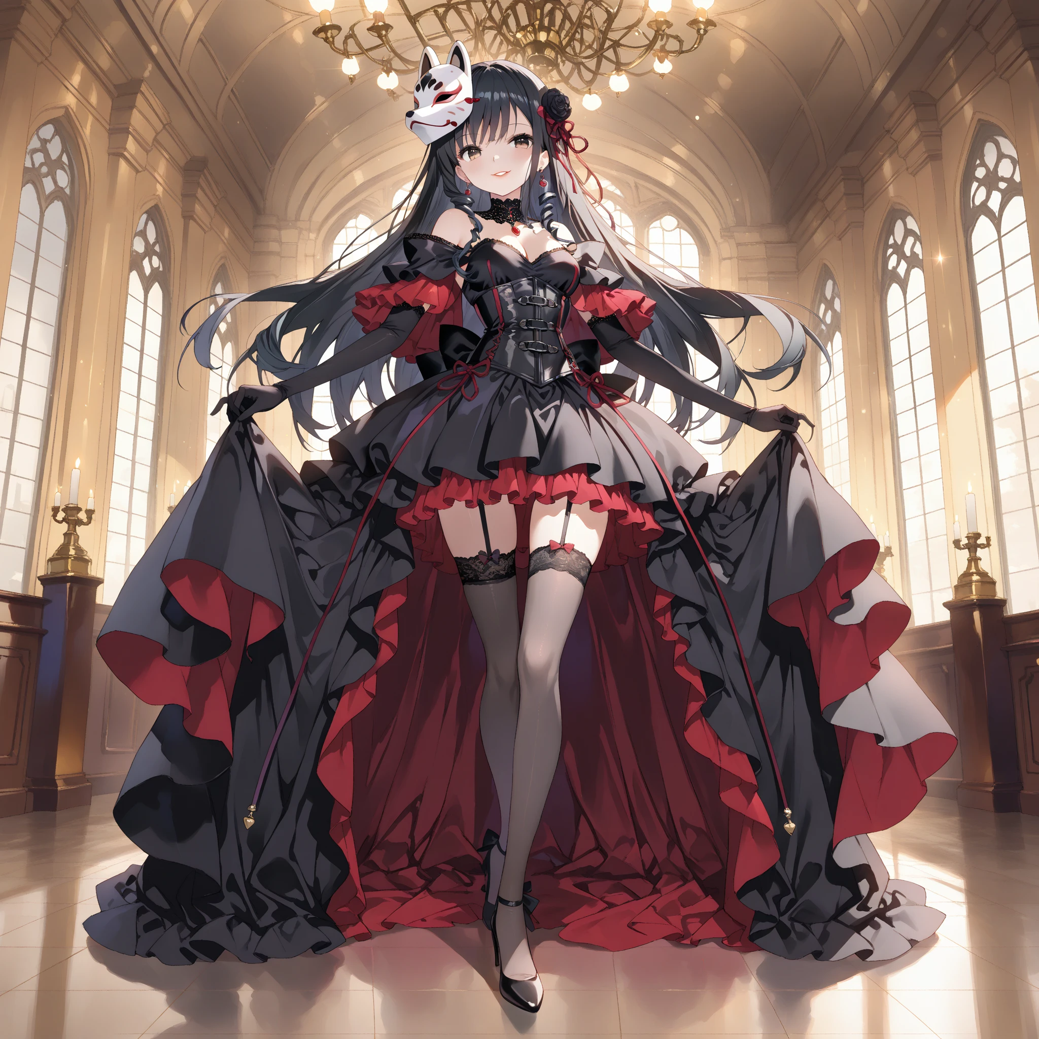 Black hair, red eyes, royal girl, cute girl, (big tits), smile, lipstick, beautiful dress, baleautiful gloves, royal dress, fullbody, at castle