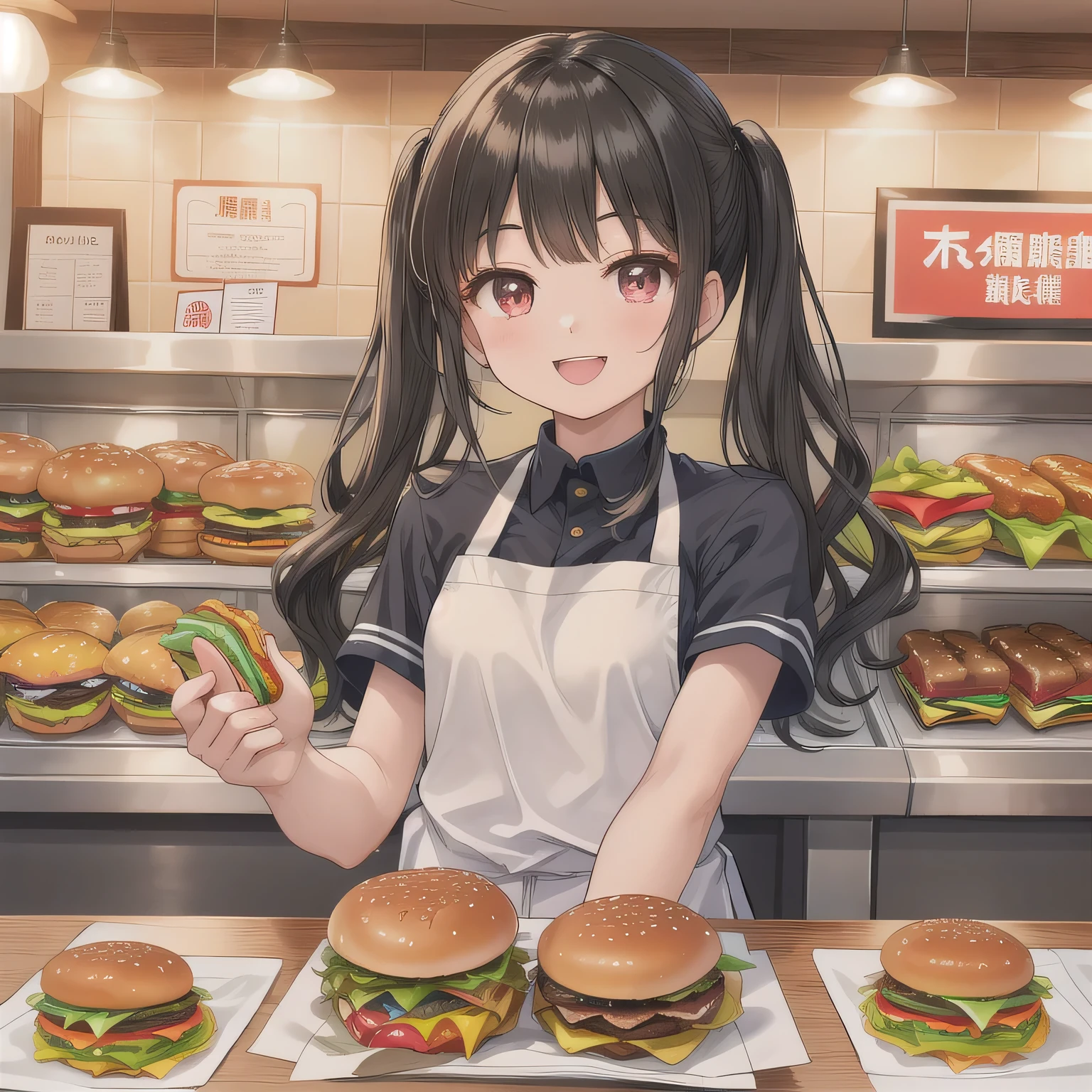 長い髪、黒髪、紫の目。She is a cheerful girl working behind the counter at a cozy burger shop. She is wearing a cute burger shop uniform and smiling warmly at the customers. The background shows a bright and clean fast food counter with menu boards.