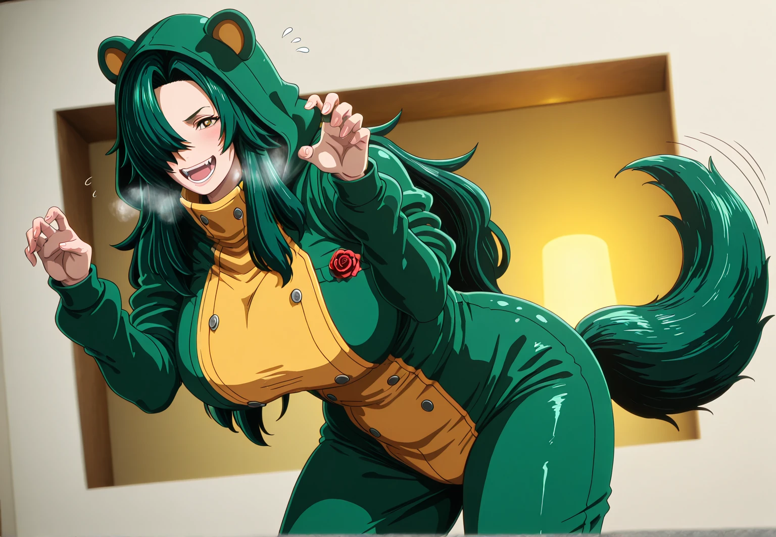 Babu-style, (butcha-u-style:1.2), (muneshiro_(hitsuji_kikaku)-style:1.4), (anime coloring, anime screencap), shiny skin, ((anatomical correct)), ((Cinematic, unreal engine, eye-catching, ambient occlusion, UHD, masterpiece)), ((perfect lighting, soft shadow)), perfect body, perfect eyes, perfect fingers, gasping, heavy breathing, gasping profusely, ((skindentation)), ((curvy)), Rose, brown eyes, long hair, hair over one eye, green hair, very long hair, bright pupils, plump, ((flying_sweatdrops)), 1girl, tail, solo, breasts, open_mouth, looking_at_viewer, smile, teeth, notice_lines, fangs, hood, claw_pose, animal_costume, blushes