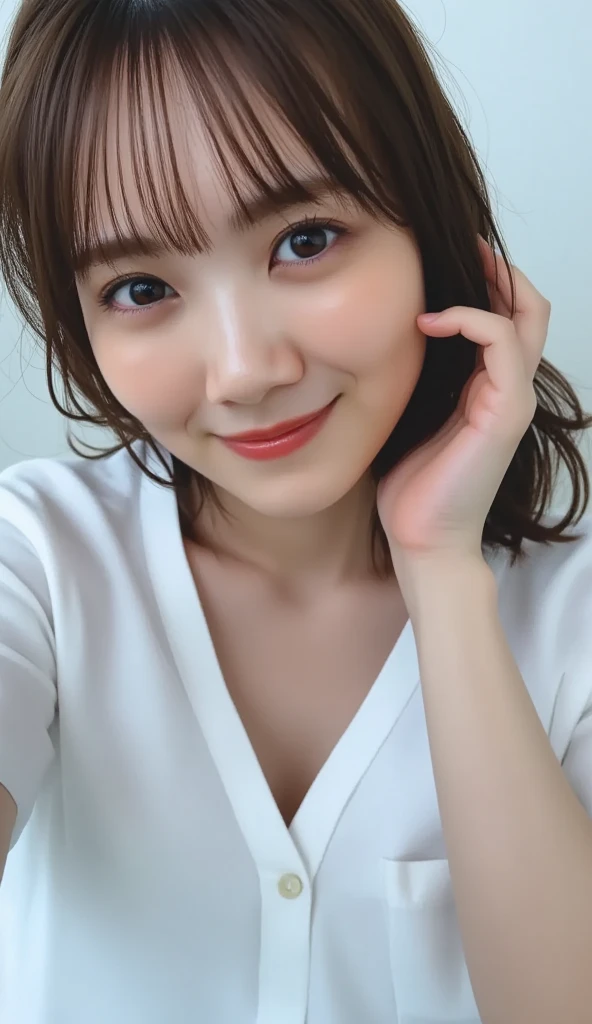 POV, (masterpiece:1.3), high resolution, ultra detailed, extremely detailed CG unity 8k wallpaper, realistic, photo-realistic, RAW photo, beautiful detailed face, pale skin, realistic skin, detailed cloth texture, detailed hair texture, Perfect proportion, Beautiful Face, accurate, Anatomically correct, Highly detailed face and skin texture, natural neck length, (beautiful hands), (fair skin:1.2), Thin legs, Thin feet, 
BREAK 
Detailed eyes, symmetrical eyes, Light Brown eyes, Double eyelids, Thin eyebrows, (Glossy lips:1.4), (Goddess smile:1.2), 
BREAK 
(A Classy and Cute girl:1.3), (Wearing a Elegant Medical office staff uniform:1.2),
(medium large breasts:1.2), (slender figure), 
(Dark brown hair, wavy hair), ((Medium long hair, asymmetrical bangs:1.2)), (Cowboy shot:1.2), (looking at viewer:1.2), From front, 
BREAK 
((fingersmile:1.37), (Japanese hospital bed:1.2),