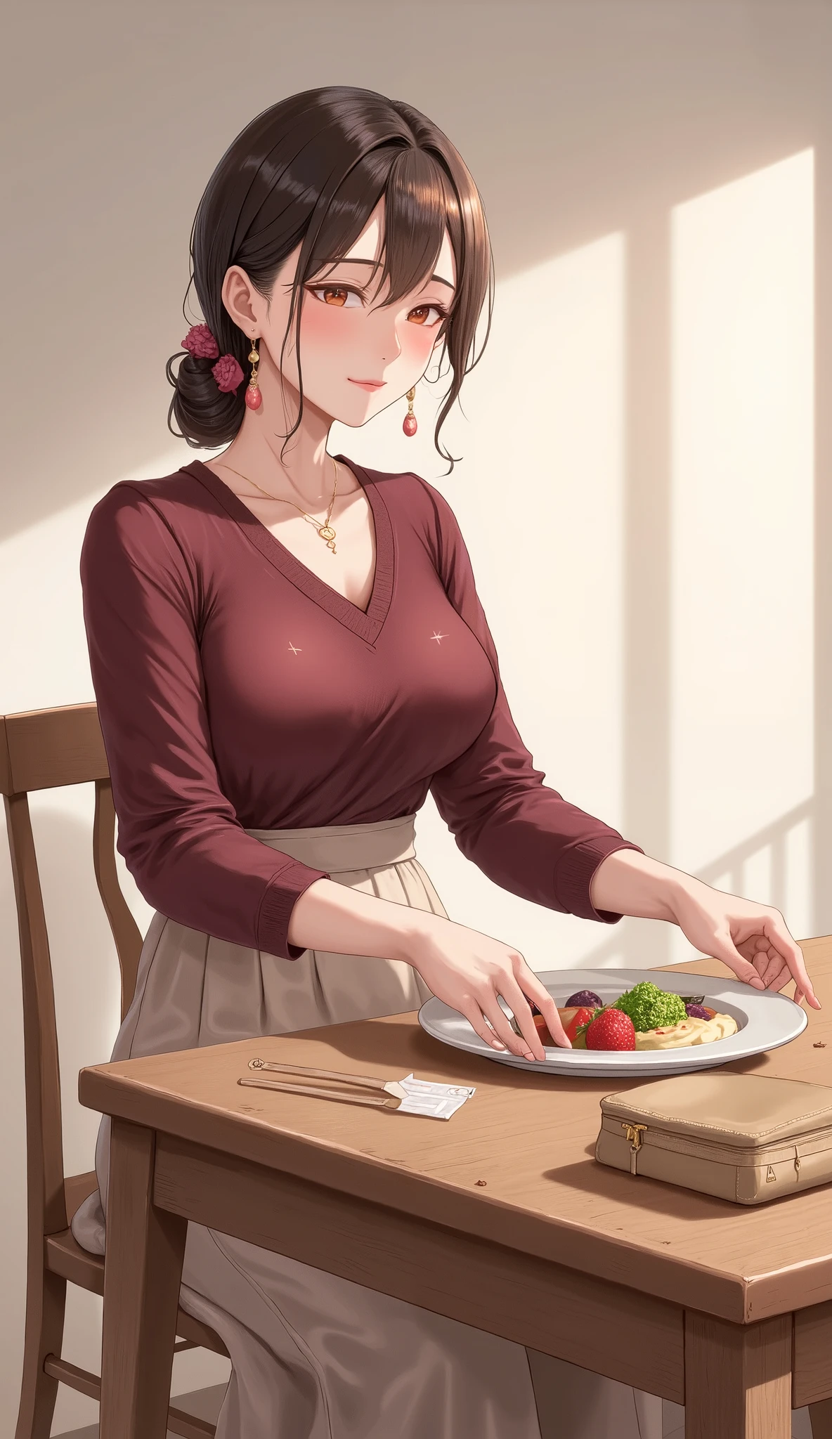 anime style inspired by Oda Non.
 calm, Seated in a slightly forward position from the front of the wooden dining table、she's a calm Japanese woman who looks about 48 years old, I carefully place the plate on the table.  she says 視聴者の方をまっすぐ見ています, Her brown hair is neatly arranged in a low position, and、 calmな顔立ちで、such as light wrinkles and natural skin texture、中年の calmな兆候が見られます. Her expression is modest and slightly embarrassed, Gentle reddening on the cheeks 、Her eyes show a mixture of embarrassment and quiet calm.  she says 、Combined with beige I'm wearing a simple burgundy v-neck knit sweater, Long flared skirt that flows softly around her legs. A small handbag is placed nearby. Her posture is graceful yet relaxed, radiating warmth,  Endurance, and、The quiet strength of a loving mother. Soft morning light fills the room, and cast a gentle shadow、peaceful,  homely atmosphere . The image is、drawn in a semi-realistic anime style inspired by Odano,  warm, Natural Light, realistic shadows, Soft Depth of Field, andノスタルジックなトーン. High resolution with detailed textures and lighting.